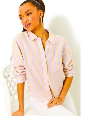 Lilly Pulitzer Coralynn Linen Button Down Lilac Opal Island Secrets Stripe